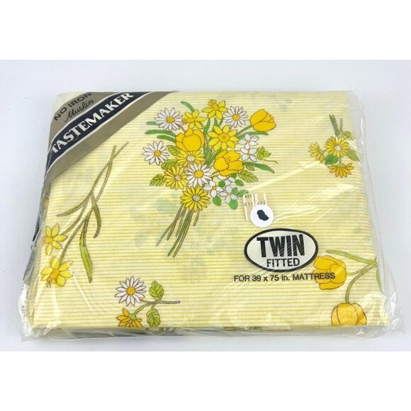 Tastemaker No Iron Muslin Twin Fitted Sheet Yellow Floral Stripe NOS - Picture 1 of 6